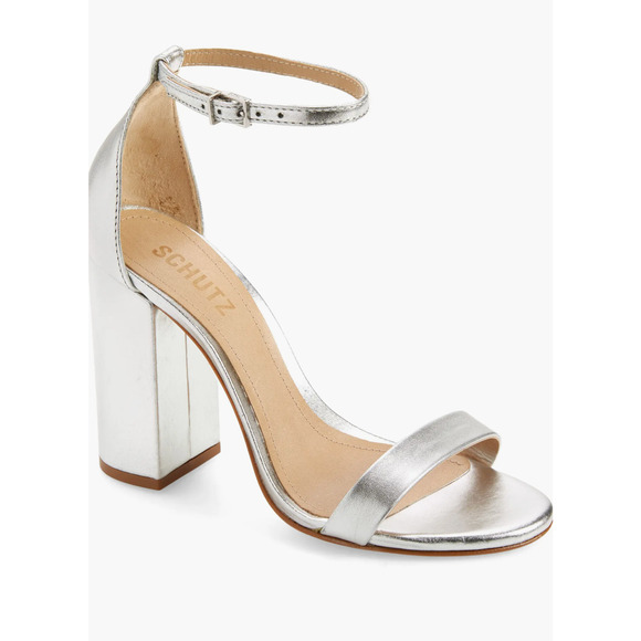 Schutz Cadey Lee Ankle Strap Heels 9.5 Silver Leather NWOT Sandals Block Heel - Picture 1 of 9